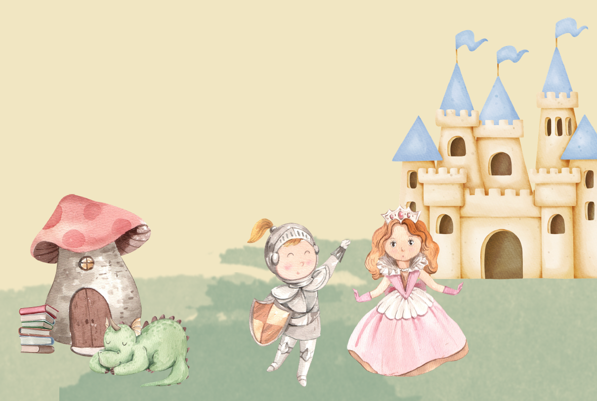 A colorful fairy tale landscape with a castle, a knight, and a princess. Next to them stand a dragon and a mushroom with books.