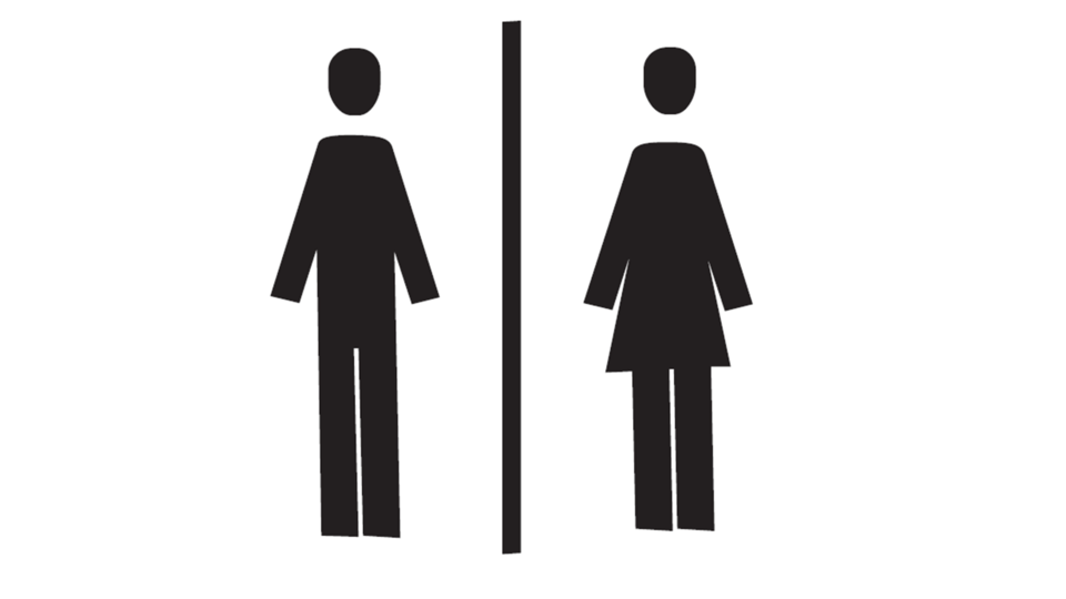 A simple symbol for toilets. On the left side is a male figure and on the right side is a female figure.