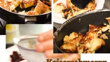 A delicious Kaiserschmarrn is served, perfectly prepared in a pan. The dish is garnished with powdered sugar and compote.