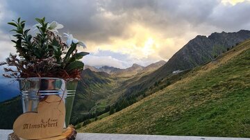 A beautiful view of the mountains with a cloud formation in the sky. In the foreground, there is a plant pot on a wooden railing.