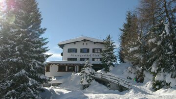 A picturesque mountain house in the snow, surrounded by tall fir trees. The clear sky and winter landscape give the scene an inviting atmosphere.
