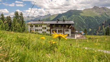 A modern building in a picturesque mountain landscape. In the foreground, yellow flowers are blooming in a green meadow.
