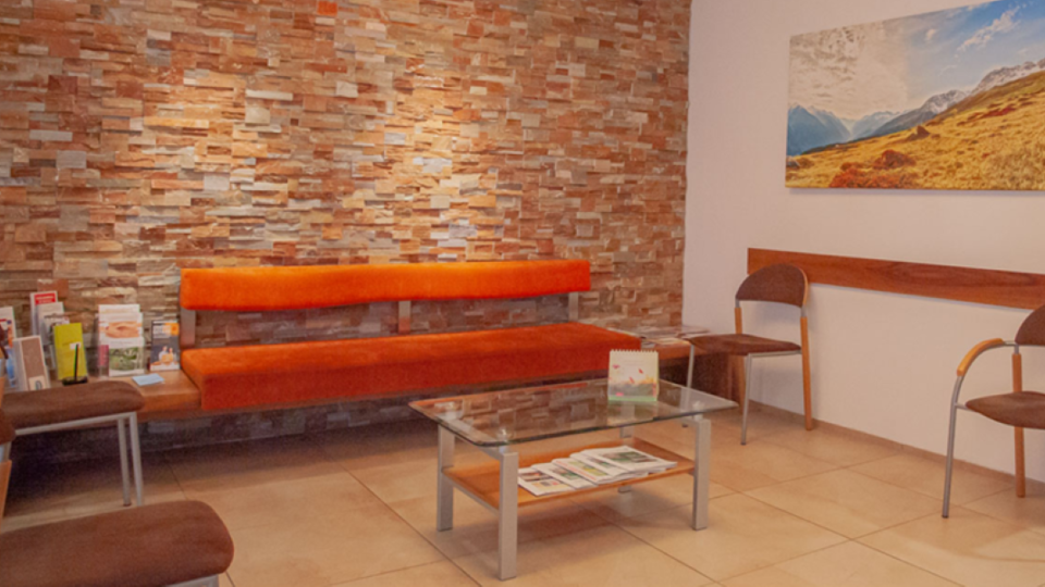 A modern waiting room with an orange bench and brown chair. The wall is clad with artificial stones, and a picture of a landscape hangs above it.