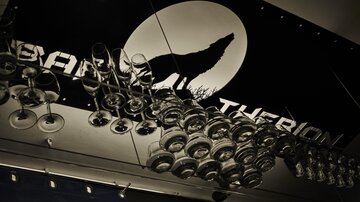 A bar with a wolf logo and a row of glasses arranged on a shelf. The atmosphere is dark and stylish.