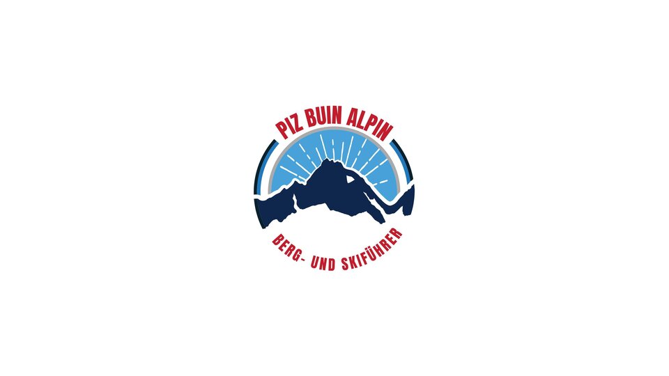 A logo of Piz Buin Alpin, depicting mountains and activities in the snow. It features a stylized mountain range in blue and red colors.