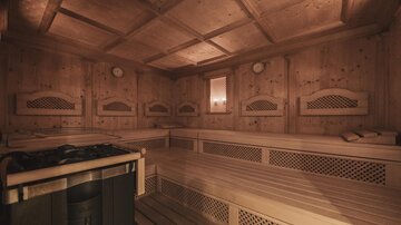 A cozy sauna with wooden paneling and benches for relaxing. Soft lighting creates a calming atmosphere.