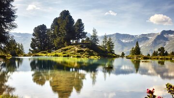 A calm lake with clear water, surrounded by green trees and mountains. The reflection of the landscape in the water creates a picturesque atmosphere.