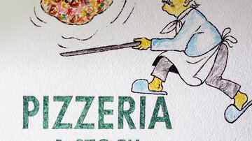 A mural of a chef tossing a pizza. Below it says "Pizzeria 1st FLOOR".