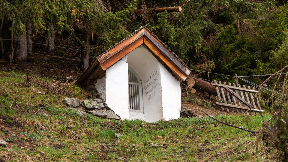 A small, white house with a slanted roof stands on a green meadow. In the background, trees and a fence are visible. | © Bernhard Gruber – Photography