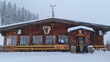 A traditional wooden mountain cabin, surrounded by snow and fir trees. The sky is gray and it is lightly snowing.