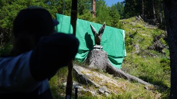An archer aims at a target in nature. In the background, there is a green tarp and a log with an artistic design.