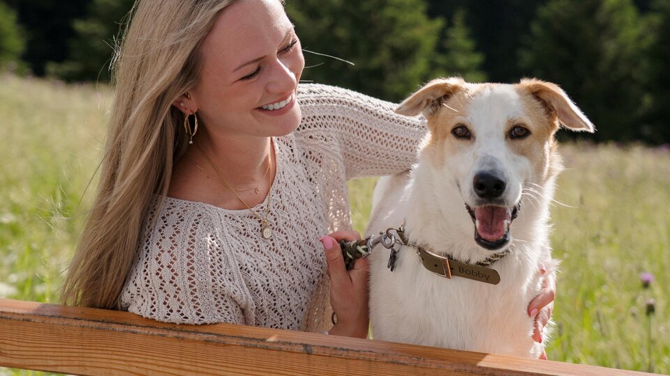 A woman is sitting on a bench and smiling happily at her dog. The dog is looking back happily, surrounded by a beautiful, natural landscape.