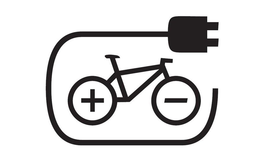 A symbol for an e-bike with a charging port. It shows plus and minus signs as well as a plug.