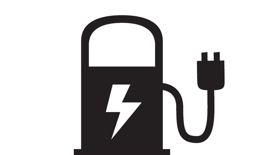 A stylized depiction of an electric vehicle charging station. The design features a plug and a lightning bolt symbol.