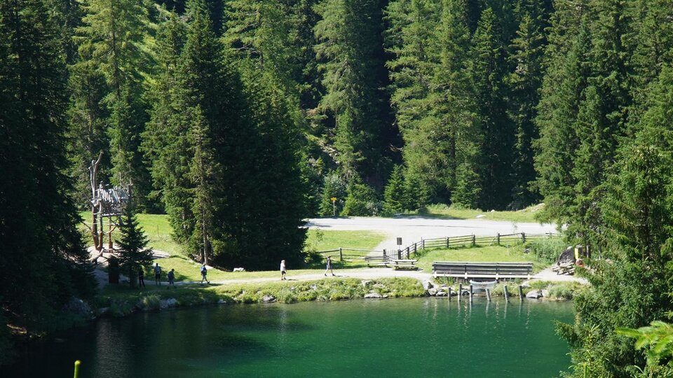 A tranquil lake surrounded by dense forests. In the background, there are walkers and a green meadow.