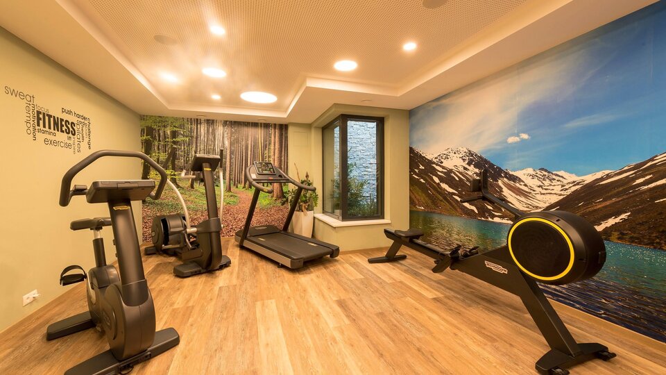 A modern gym with various training equipment. The walls are decorated with a beautiful nature motif.