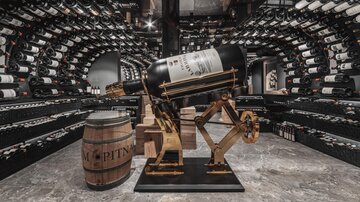 An elegant wine cellar with a large wine bottle on a stand. In the background, neatly stacked wine bottles can be seen.