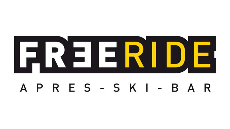 A modern logo for the après-ski bar "FREE RIDE". The font is designed to be clear and eye-catching.