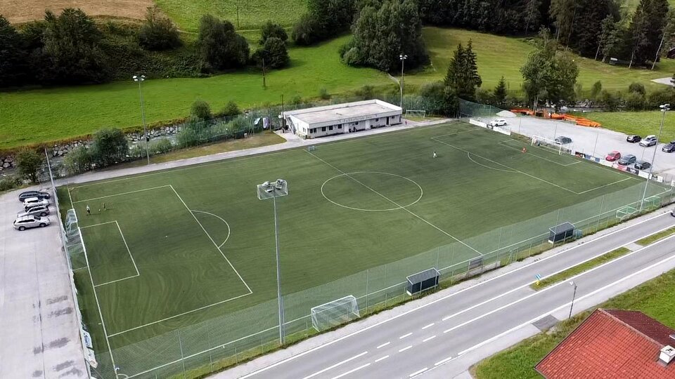 Ein Sportplatz mit Kunstrasen, umgeben von Bäumen. Im Hintergrund sind ein Gebäude und parkende Autos zu sehen.