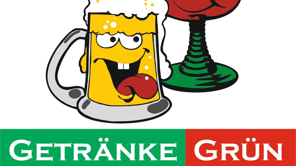 Two cheerful drink characters, a beer mug and a cocktail glass, are smiling. The background features the text "Getränke Grün" in striking colors.
