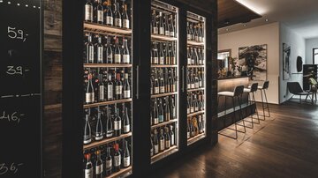 A stylish wine shop with a wide selection of bottles in an elegant glass cooler. In the background, a modern bar with seating can be seen.