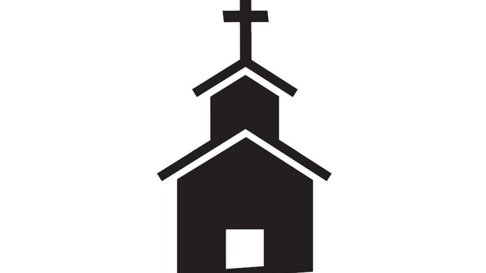 A stylized church with a cross on the roof. It has a simple, modern design.