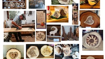 A collage of handmade wooden decorations, including hearts, stars, and various figures. In the background, craftsmen can be seen at work.