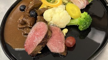 A artistically arranged plate with tender meat, vegetables, and various side dishes. The colors and textures create an appetizing impression.
