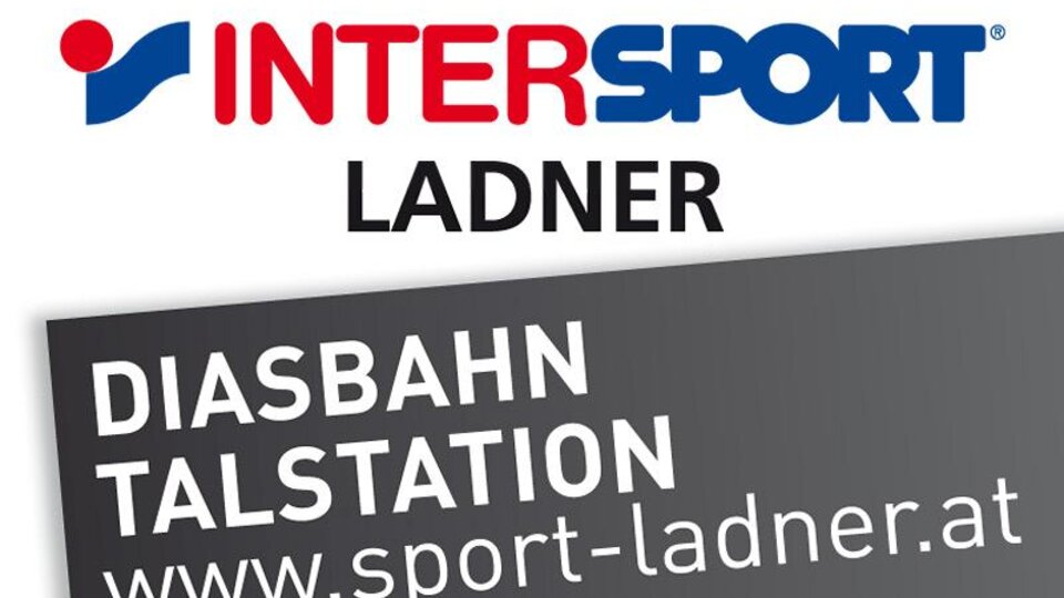 A logo of the brand INTERSPORT with the name "LADNER". Below, there is information about the "DIASBAHN VALLEY STATION" and the website.