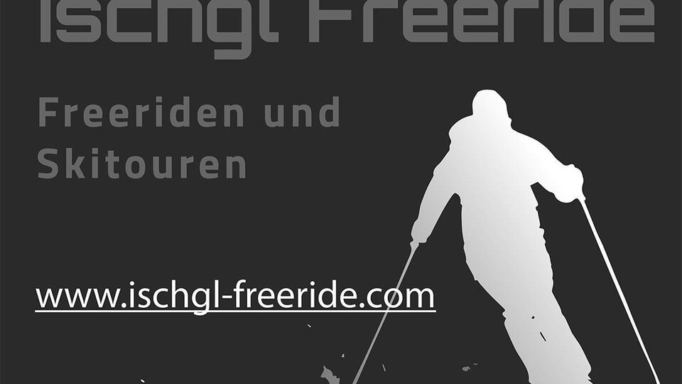 A stylized silhouette of a skier while freeriding. The background is black, featuring the text "Ischgl Freeride" and the website.