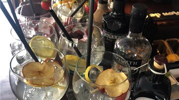 Eine Auswahl an Cocktails in großen Gläsern mit frischen Früchten und Kräutern. Im Hintergrund sind verschiedene Flaschen Spirituosen zu sehen.