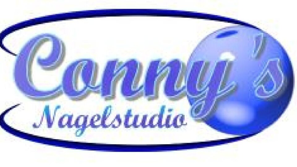 A logo for Conny's nail studio. It features the lettering in blue and a stylized ball.