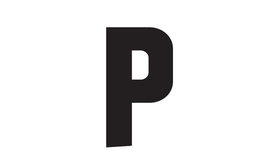 A large black "P" on a white background. The design is simple and modern.