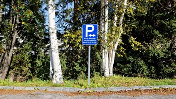 A parking sign with a pictogram and direction indication. Surrounded by trees in a rural setting.