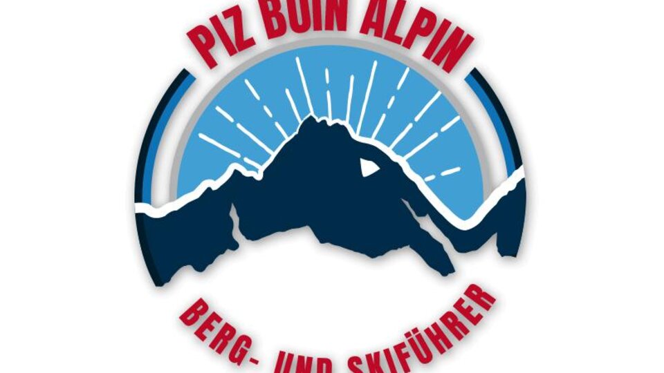 Ein Logo von Piz Buin Alpin mit einem stilisierten Berg und Sonnenstrahlen. Der Text um das Logo informiert über Berg- und Skiführungen.