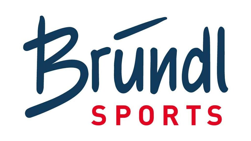 A logo of the brand Bründl Sports. It features the lettering in blue and red colors.