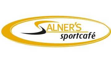 Ein Logo von "Salner's Sportcafé" in gelben und schwarzen Farben. Das Design enthält geschwungene Linien und betont den sportlichen Charakter.