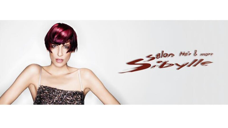 A modern hair salon logo with the name "Salon Sibylle". In the foreground is a woman with shoulder-length, red-colored hair.
