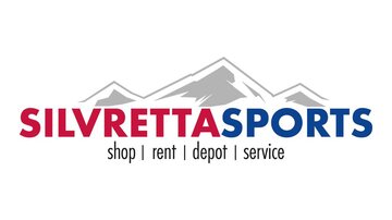 Das Logo von Silvretta Sports zeigt stilisierte Berge. Es gibt vier Dienstleistungen: Shop, Verleih, Depot und Service.