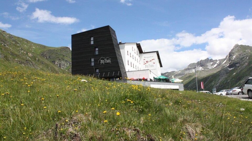 A modern building in the mountains, surrounded by green meadows and blooming flowers. In the background, majestic mountains and a blue sky can be seen.