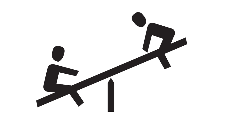 Two people on a seesaw. One person is sitting on the left side and the other on the right side.