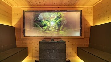 A tranquil wellness room with wooden paneling and two benches. In the background, there is a screen displaying a natural landscape.