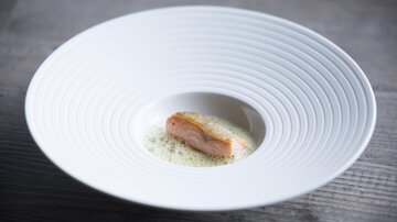 An elegant dish on a white plate. It features a piece of salmon in a creamy sauce.