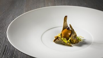 An artfully arranged plate with a small portion of elegant food. The presentation showcases a mix of different ingredients on a white plate.