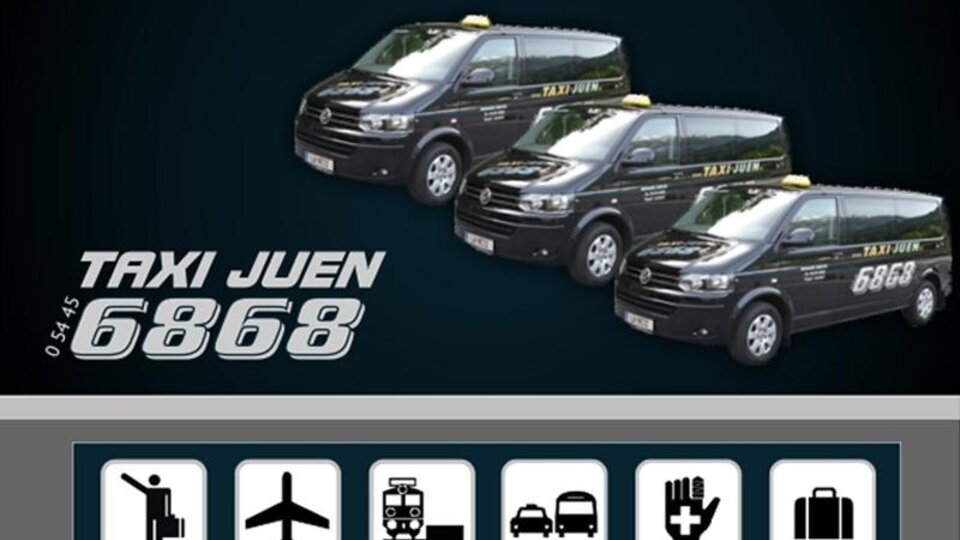 A modern taxi company with several taxi vehicles on a dark background. The advertisement emphasizes the reliability and safety of the service.