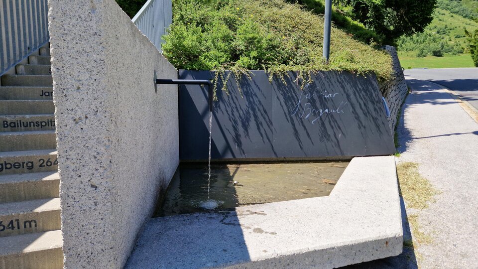A modern water feature made of concrete with a simple design. In the background, green hedges and trees can be seen.