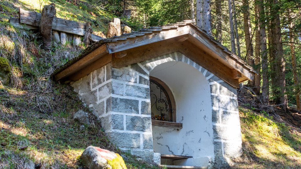 A small stone house with a wooden roof stands in a wooded environment. The entrance is equipped with a metal grid and the sun shines on the green meadow. | © Bernhard Gruber – Photography