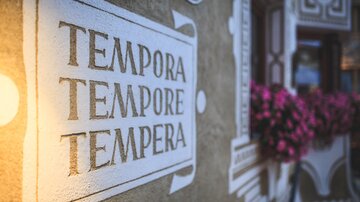 A wall with the inscription "TEMPORA TEMPORE TEMPERA". In the background, pink flowers are visible.