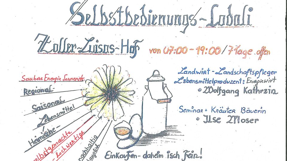 Ein handgeschriebener Flyer für ein Selbstbedienungslokal namens Zollner-Zuisn-Hof. Es wird auf regionale, saisonale Produkte und Seminare hingewiesen, mit den Öffnungszeiten von 07:00 bis 19:00 Uhr.