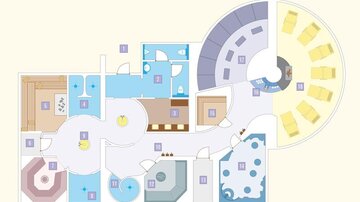 A clear floor plan of a spa area with various water and relaxation zones. The areas are color-coded and indicate different functions.